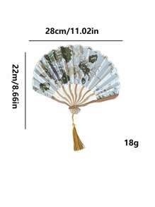 Random 1pc Chinese Style Ink Painting Folding Fan, Portable Handheld Fan With Seashell Decor, For Summer And Traditional Costume