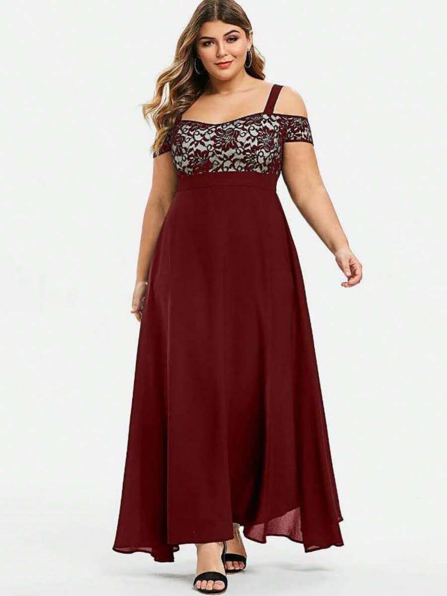 Vestido sin mangas con hombros descubiertos y estampado floral a la moda para mujer,Vestido de noche, elegante primavera y verano para niñas, vestido de gasa con tirantes de encaje floral de un solo hombro, falda larga - Burdeos - Ver 1