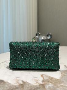 A Dark Green Sparkly Double-Sided Rhinestone And Crystal Decorated Clutch With Metal Crossbody Chain, Fashionable, Elegant And Suitable For Evening/Formal Events Tready Bride Bag, Perfect For Party, Wedding, Prom, Dinner/Banquet, Matching With Wedding Dress, Formal Dresses, Prom Dress, Birthday Dress, Party Dress, Essential Wedding Items, Perfectly Matching With Graduation Dress, Prom Dresses
