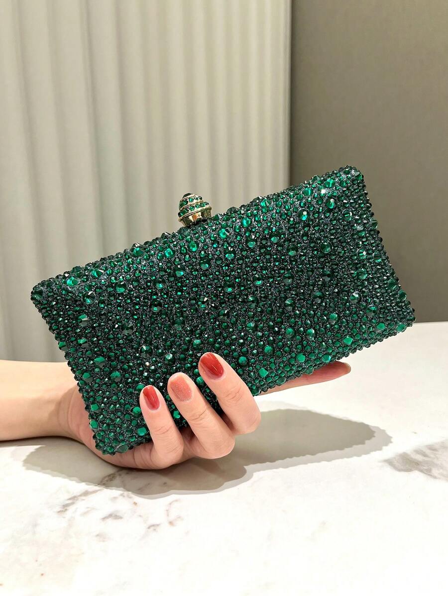 A Dark Green Sparkly Double-Sided Rhinestone And Crystal Decorated Clutch With Metal Crossbody Chain, Fashionable, Elegant And Suitable For Evening/Formal Events Tready Bride Bag, Perfect For Party, Wedding, Prom, Dinner/Banquet, Matching With Wedding Dress, Formal Dresses, Prom Dress, Birthday Dress, Party Dress, Essential Wedding Items, Perfectly Matching With Graduation Dress, Prom Dresses