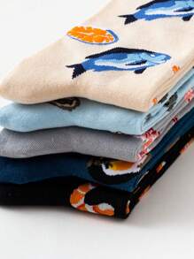 5 双男士食物和海鲜图案中筒袜，独特个性化配套袜子