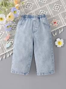 1pc Baby Girl Casual Comfy Light Blue Wash Elastic Waist Straight Leg Jeans, Loose Fit, Spring/Summer - Light Wash - View 1