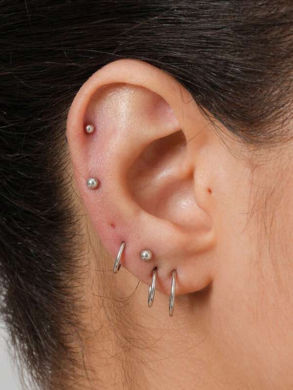 6 Pairs Dainty Earrings Sets For Multiple Piercing, Lightweight Small Silver Huggie Hoop Earrings For Women, Flat Back Tiny Ball Stud Earrings For Cartilage, Helix, Lobe