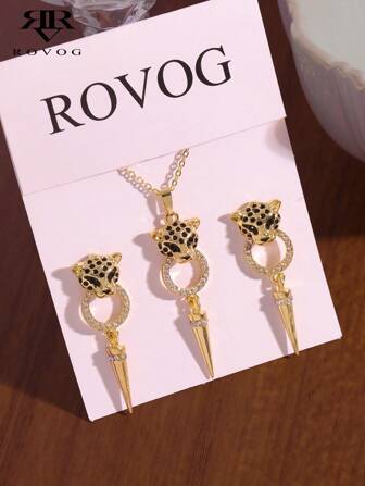 Set de 3 piezas de aretes y collar de mujer con estampado de leopardo, de estilo europeo y americano, con lujo, atmósfera y singularidad