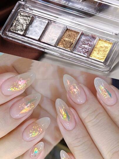 6 Colors Solid Opal Fire Flakes Nail Art Glitter 1 Box Holographic Translucent Iridescent Mermaid Paillette Sequin Rubbing On Dust Pigment Nail Decoration Powder