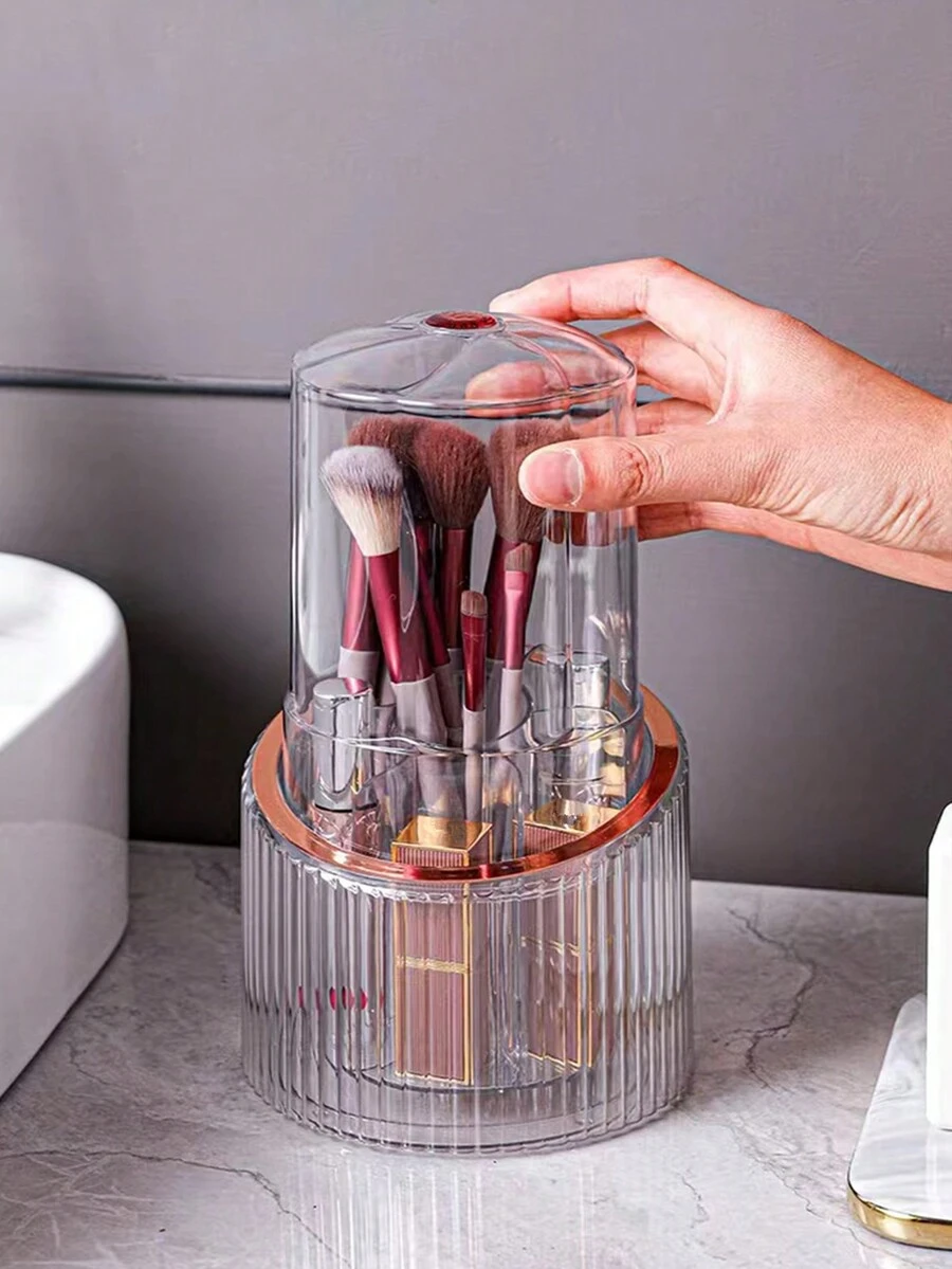 旋轉化妝刷收納筒，分為防塵散粉刷收納盒、桌面眉筆筒、眼影防水盒 - 玫瑰金 - 查看 1