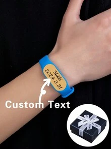 Customized Engraved Name Silicone Bracelet, Personalized Fashionable Minimalist Wristband - Blue Silicone Belt + Gold Surface - View 1