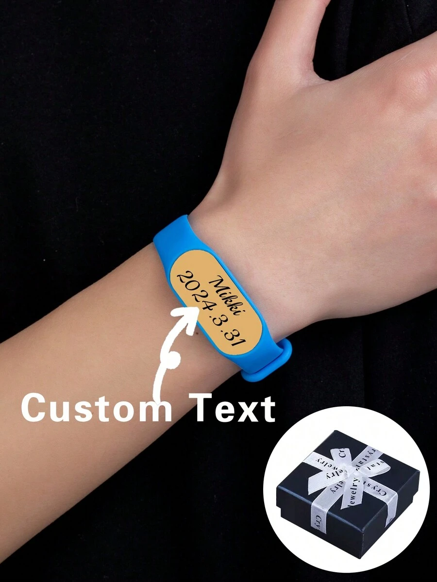 Customized Engraved Name Silicone Bracelet, Personalized Fashionable Minimalist Wristband - Blue Silicone Belt + Gold Surface - View 1