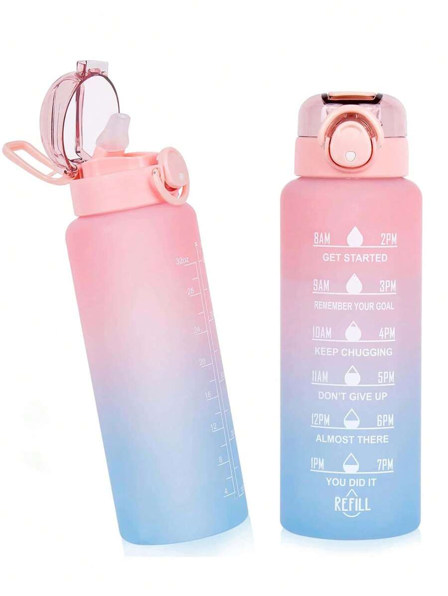 1pc 1000ML Plastic Water Bottle, Modern Ombre Slogan Graphic Sport Water Bottle For Outdoor Back To School Supplies - Purple - View 1