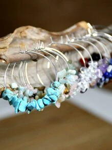 2pcs Handmade Asymmetrical Natural Stone Earrings With Beach Vacation Style Beaded Large Circle For Women Round Dangle Earrings - Multicolor - View 6