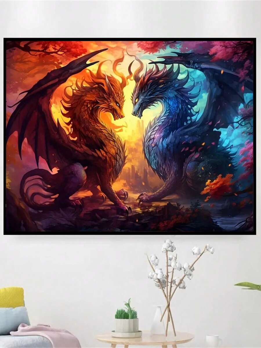 鑽石畫套件-幻想冰火雙龍-工藝品和家居牆飾-易於成人DIY寶石藝術 - 彩色 - 查看 1
