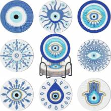 Set Of 8 Evil Eye Diamond Art Cup Coasters With Stand, Evil Eye Diamond Art Cup Coaster With Cork Base
