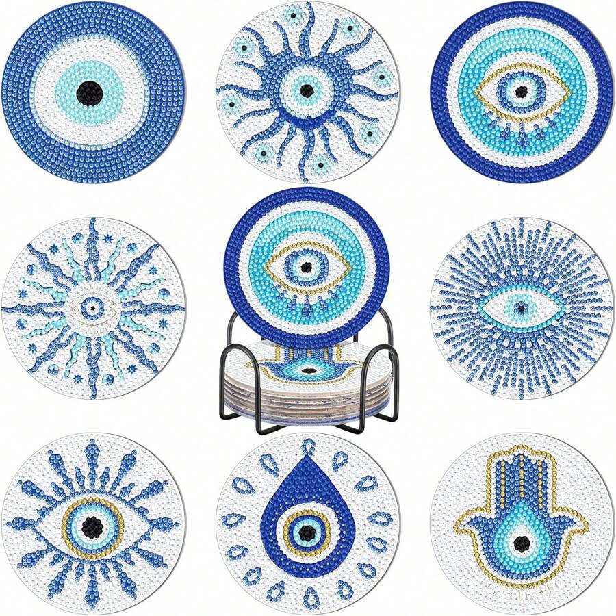 Set Of 8 Evil Eye Diamond Art Cup Coasters With Stand, Evil Eye Diamond Art Cup Coaster With Cork Base
