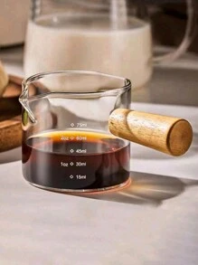 1pc Glass Coffee Measuring Cup With Scale Marks, Italian Kawada Espresso Extraction Cup With Wooden Handle, Dual Spouts Back To School