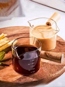 1pc Glass Coffee Measuring Cup With Scale Marks, Italian Kawada Espresso Extraction Cup With Wooden Handle, Dual Spouts Back To School