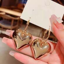 1Pc Golden Glossy Heart Design Dangle Earrings Simple Elegant Style Stainless Steel Jewelry Valentine's Day Gift Valentines,Mom,Mother,Mother's Day,Gift