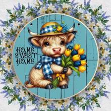 1入木質掛飾花環標誌，高地牛圓形掛飾標誌，門牆裝飾的圓形花環標誌 (8x8英寸/20cm*20cm) - 多色3 - 查看 3