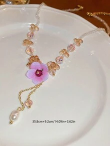 1條豪華的假晶體花朵粉色桃花串珠多彩假珍珠項鍊，適用於女士生日禮物和派對配飾 - 彩色 - 查看 3