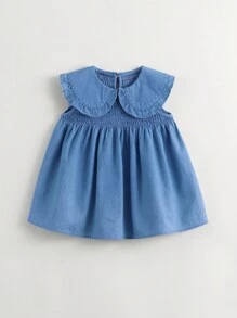 MARC&JANIE 年輕女孩時尚且甜美的心形領口無袖牛仔裙，夏季 - 淺色水洗藍 - 查看 5