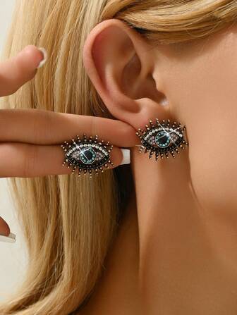 2pcs Fashionable Classic Gothic Devil Eye Jewelry Antique Plated Color Full-Drilled Inlay Alloy Women Stud Earrings Suitable For Women Daily, Party And Dance Outfit Accessories
