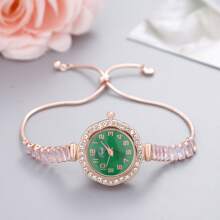 2023新款休閒時尚女士手鍊手錶，可愛的圓形小錶盤，鑲有水晶的手錶帶，女士手環手錶，合金石英手錶，禮物 - 玫瑰金 - 查看 23