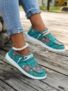 Sapatilhas Casuais de Lona Azul para Mulheres, Padrão Geométrico, Bico Redondo, Cadarços Elásticos, Slip-On, Respiráveis, Sola Plana Antiderrapante