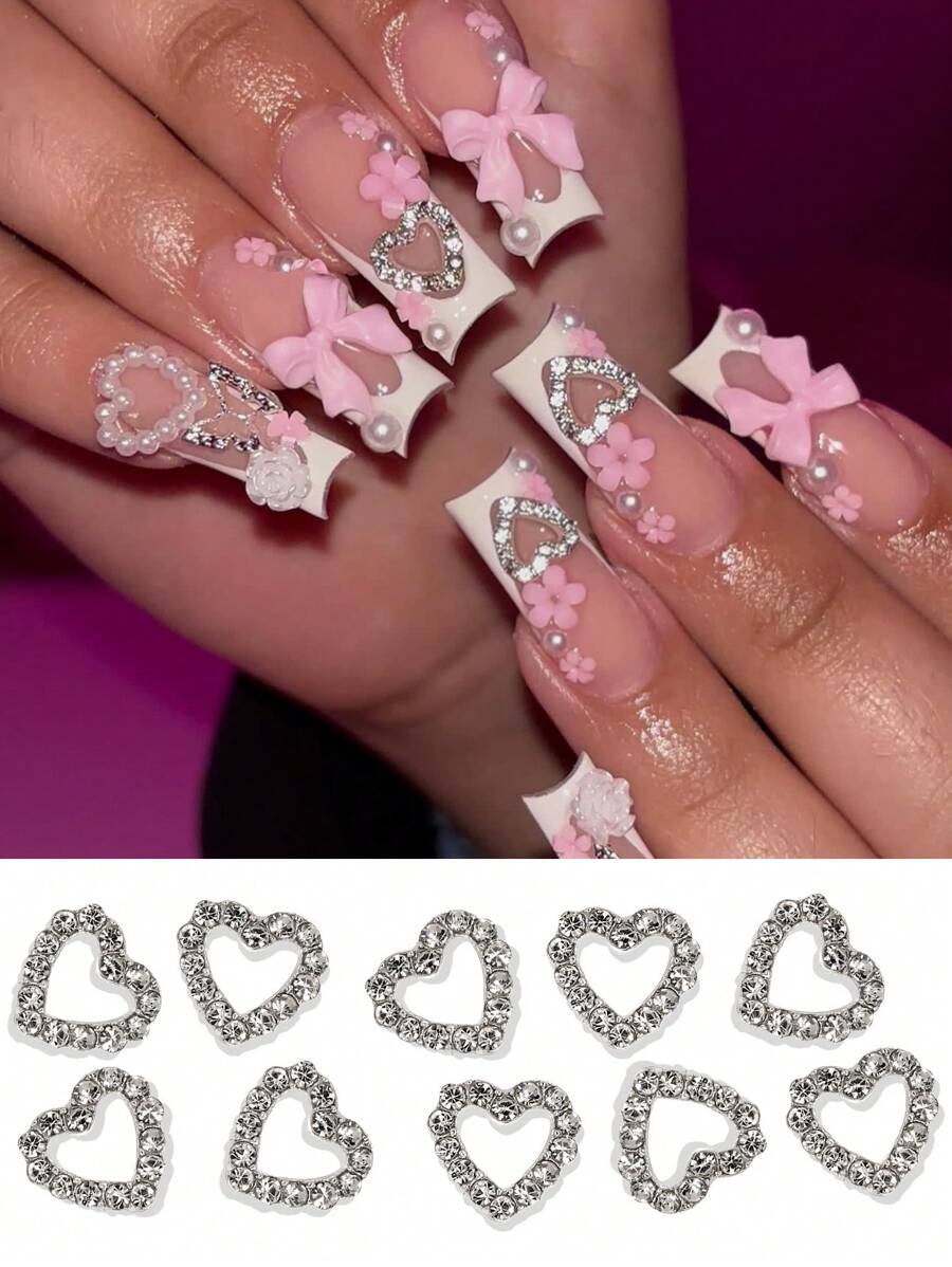 10 件银钻心形美甲吊坠 3D 美甲合金心形装饰 DIY 艺术装饰配件指甲饰指甲宝石美甲用品指甲 - 銀色 - 查看 1