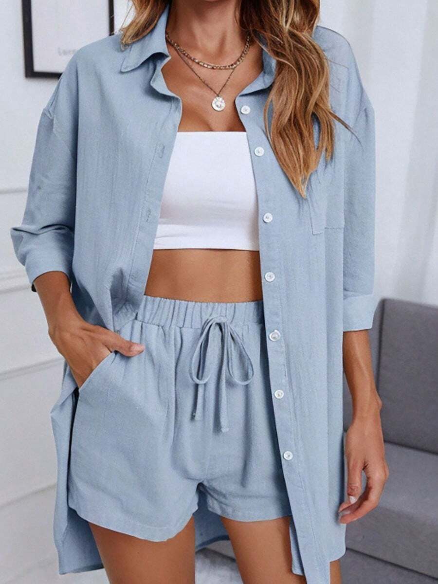 Two Piece Solid Two Piece Shirt With Button Front And Drop Shoulder, Single Breasted Shirt, Casual, Loose, Patchwork Sleeves - Baby Blue - View 1