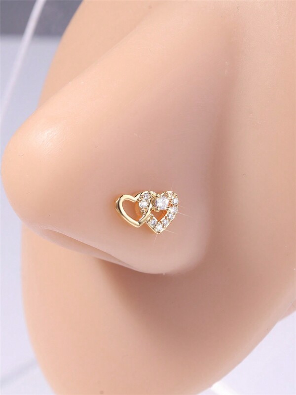 KARYOKO 1pc Double Heart L Shape Nose Stud Ring Inlaid Shiny  L Pin Bone Nose Piercing Jewelry