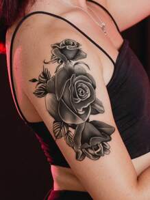 STARTTOOS 1pc Black Peony & Rose Floral Pattern Large Temporary Tattoo Sticker For Arm, Chest, Abdomen Or Back,Spine Tattoo,Sketch Style - Black - View 6