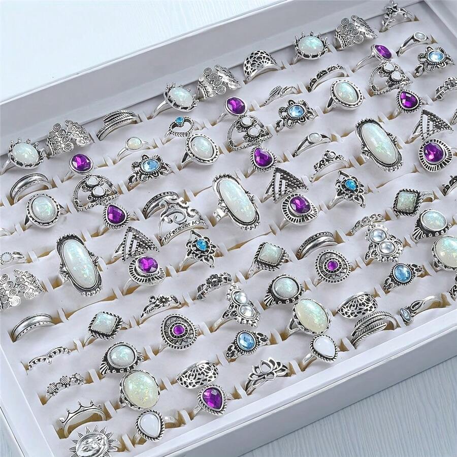 Retro Tassel Jewelry Set Combination (Randomly 30 Picture Rings) - Antique Silver - View 1