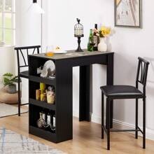 3-Pieces Small Bar Table And Chairs Tall Kitchen Breakfast Nook With Stools/Dining Set For 2, Storage Shelves, Space-Saving - Grey - View 5
