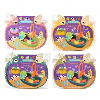 1入組兒童廚房水槽玩具，帶電子洗碗機的水上玩具，男女兒童假裝遊戲餐具配件和切割食物玩具（需要自備電池）