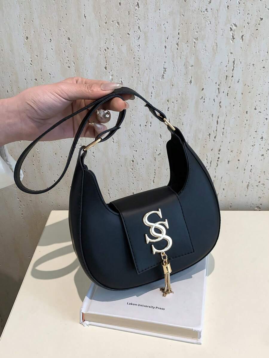 1pc Women's Plain Crescent Design Embroidered Shoulder Bag, Solid Color With Magnetic Closure - Black - View 1