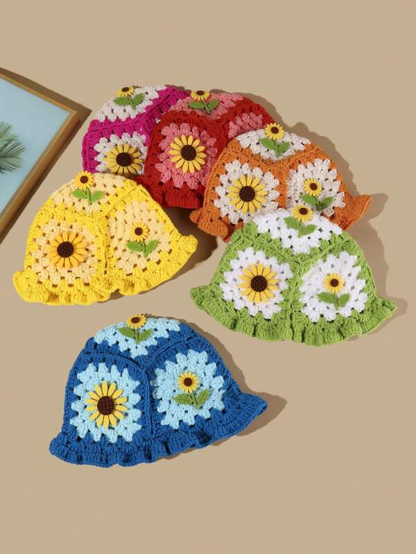 قبعة كروشيه عصرية واحدة مع تزيين زهرة عباد الشمس ثلاثية الأبعاد
