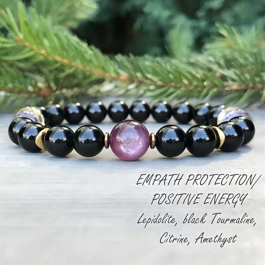 Pulsera negra de protección empática de 1 pieza con citrino artificial, amatista para hombres y mujeres para equilibrio emocional y alivio de estrés - regalo de joyería - Pulsera - Ver 1