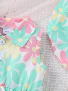 Baby Girls Sleeveless Floral Print Open Front Lapel Ruffle One-Piece Bodysuit + Sun Hat, Summer