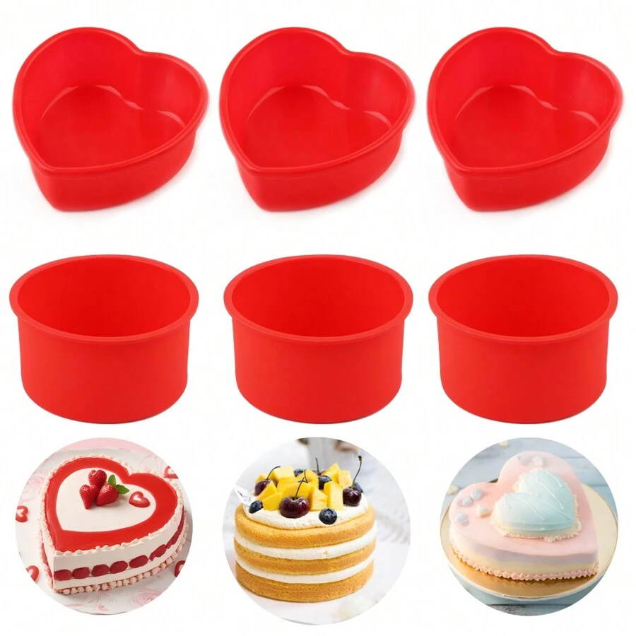 6 piezas Moldes para pasteles clásicos redondos y con forma de corazón de 4 pulgadas, moldes de silicona roja para hornear, bandeja para hornear con forma de corazón antiadherente, moldes para pasteles caseros reutilizables, para fiestas del Día de San Valentín, decoración del hogar, regalos para el hogar - Rojo - Ver 1