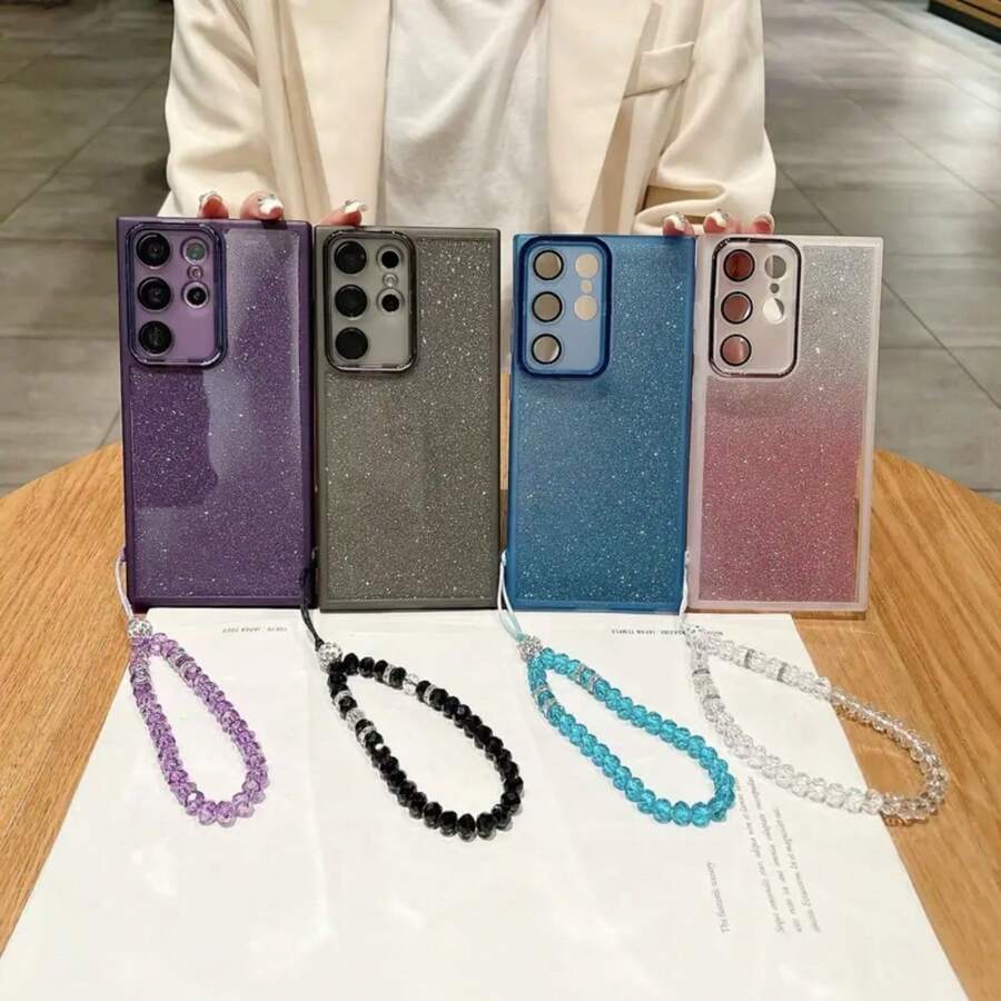 時尚磨砂漸變手機保護殼，內置鏡頭膜，適用於Samsung Galaxy S24 S24plus S24Ultra S23 S22 S21、iPhone 15Promax 14Proamx，帶手環 - 黑色 - 查看 1