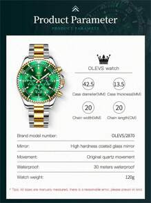 OLEVS. OLEVS Mens Watches Chronograph Luxury Dress Moon Phase Quartz Stainless Steel Waterproof Luminous Business Calendar Wrist Watch - 金綠色 - 查看 8