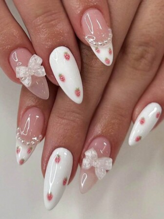 Upgrade Your Look With 24pcs Long Almond-Shaped, Sweet Strawberry, Fashionable Faux Pearl & Transparent Bowknot Nail Set For Women And Girls Press On Nails