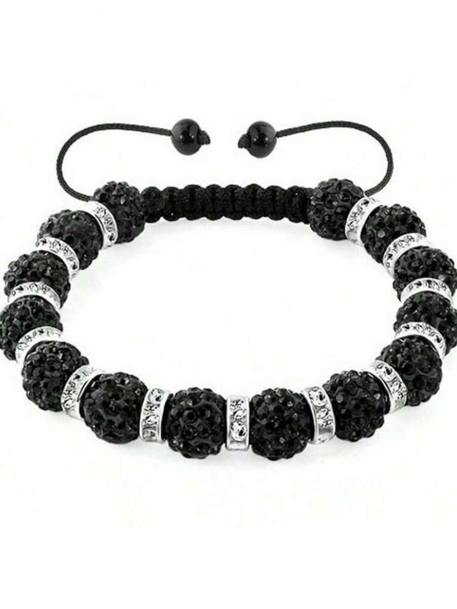 1pc Hip-Hop Style Braided Shamballa Bracelet With Soft Pottery Clay And Crystal Rhinestone Decor, Ideal For Men And Women - Black - View 1