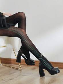 時尚女性黑色花漾魚網連體褲，側邊藤蔓紋路，性感緊身褲 - 黑色 - 查看 2