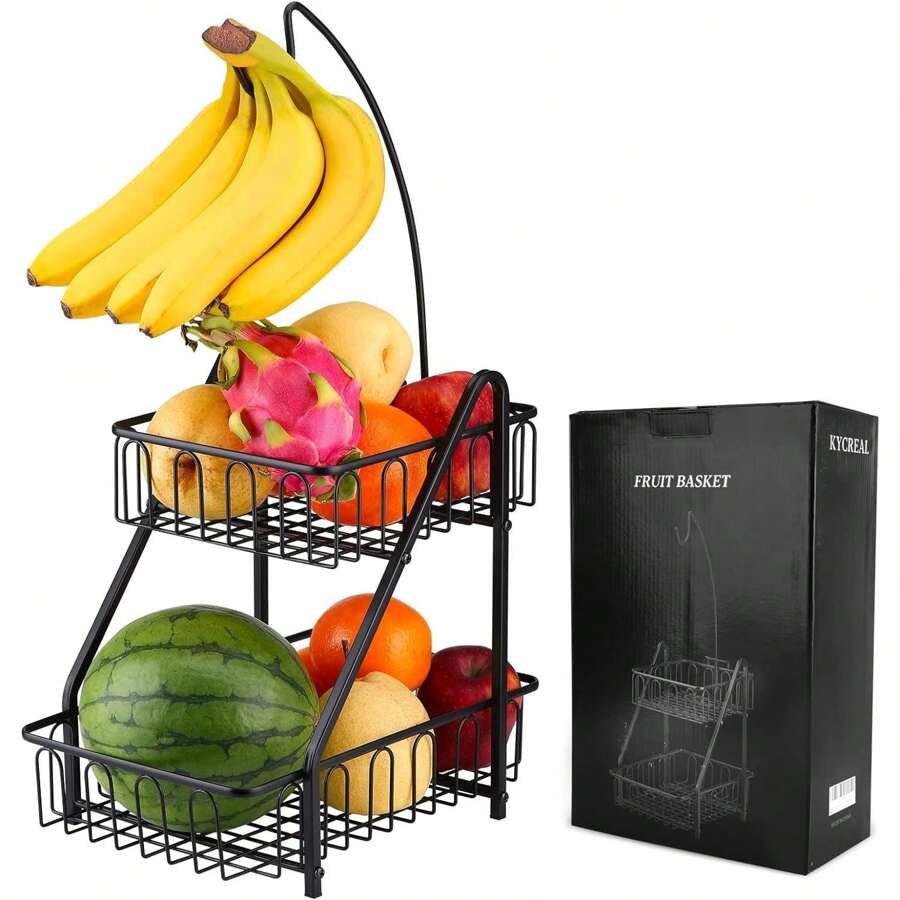 2-Tier Fruit Basket Bowl For Kitchen Counter  Banana Holder Fruit Vegetable Bowl Stand With Removable Banana Hanger  Metal Wire Fruit Vegetable Storage  Black - Multicolor - View 1