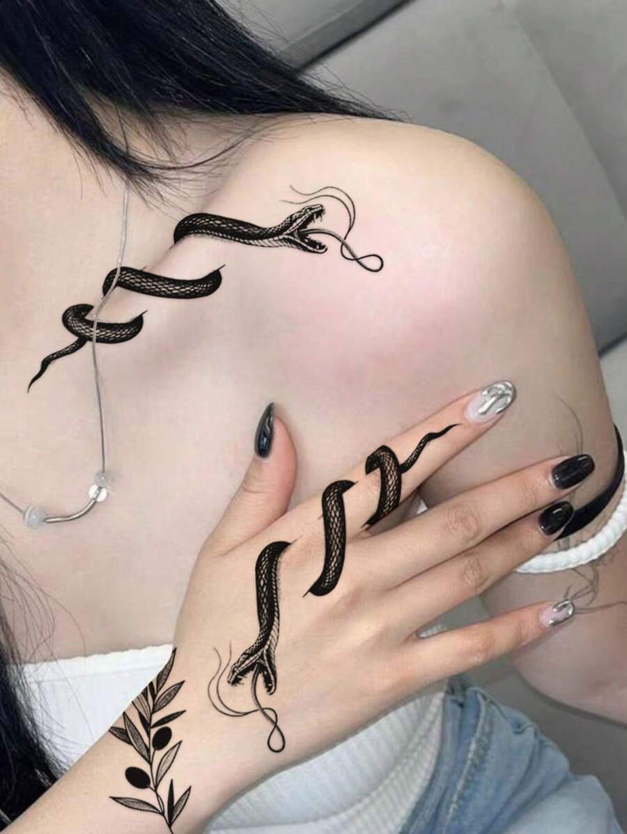 STARTTOOS 1pc Black 3D Snake Pattern Temporary Tattoo Sticker For Shoulder, Neck, Collar Bone And Body