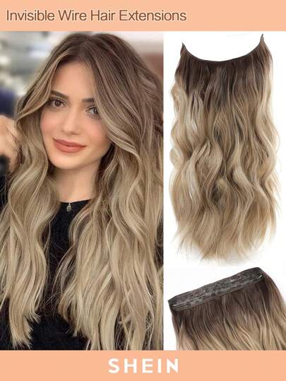 Invisible Wire Hair Extensions Dirty Blonde with Dark root Hair Extension Natural Wavy Hair Pieces for Women Synthetic Hair Extensions Clip in Hairpiece