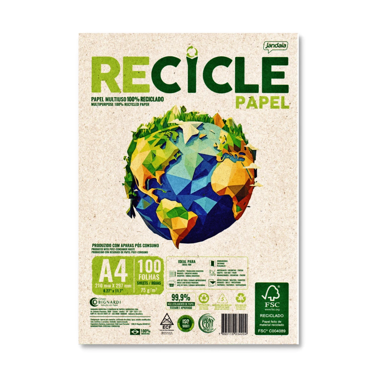 Papel Sulfite A4 75g Recicle pacote com 100 folhas Jandaia - Marrom Claro - Visão 1