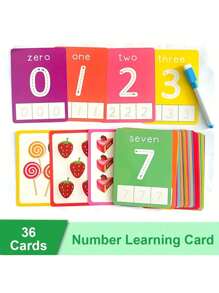 Set Of 36 Flashcards + 1 Erasable Pen For Children's Digit Recognition, Math Learning, Montessori Alphabet Teaching Cards, Erasable Flash Cards - Multicolor - View 2