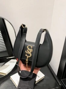 1pc Women's Plain Crescent Design Embroidered Shoulder Bag, Solid Color With Magnetic Closure - Black - View 2