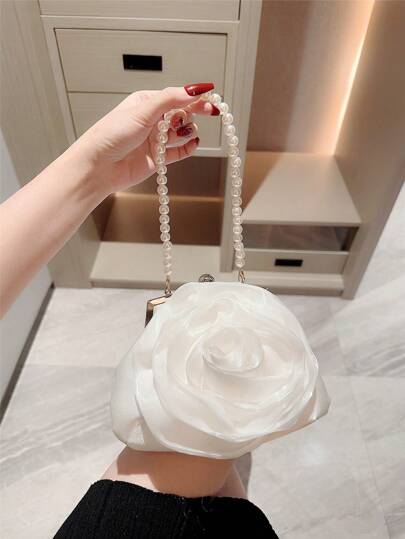 A Delicate Flower Pattern Evening Bag With Faux Pearl Handle And Chain,Suitable For Formal,Proms And Dinners,Romantic White Wedding PurseTready Bride Bag, Perfect For Party,Wedding, Prom,Dinner/Banquet, Matching With Wedding Dress, Formal Dresses, Prom Dress, Birthday Dress, Party Dress, Elegant Pearl Clutch, Prom Bag